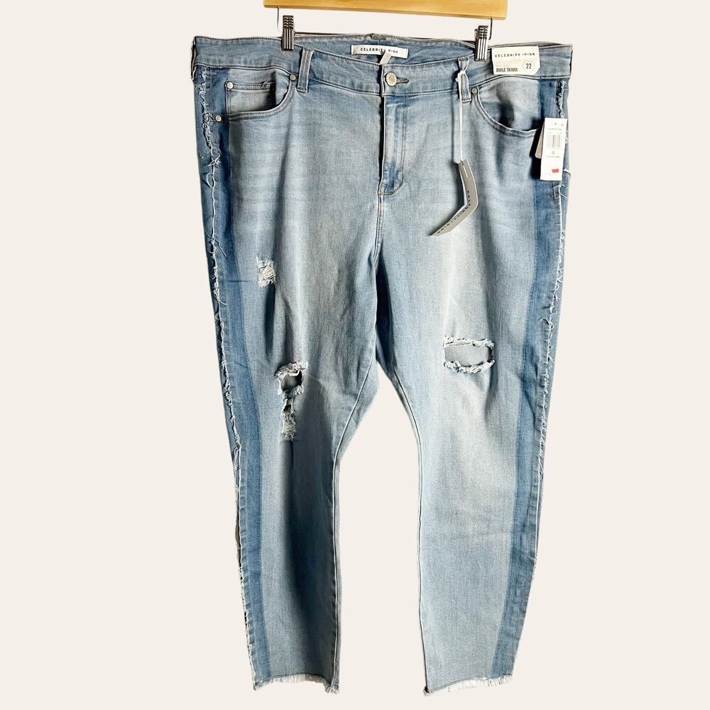 Celebrity Pink Mid-Rise Ankle Skinny Distressed Two-Tone Denim Blue Jeans